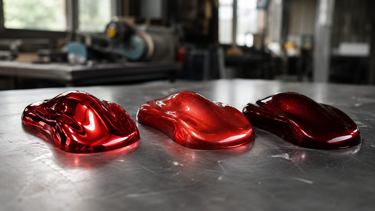 Три образца candy одного цвета поверх хрома, серебристого металлика и тёмной базы