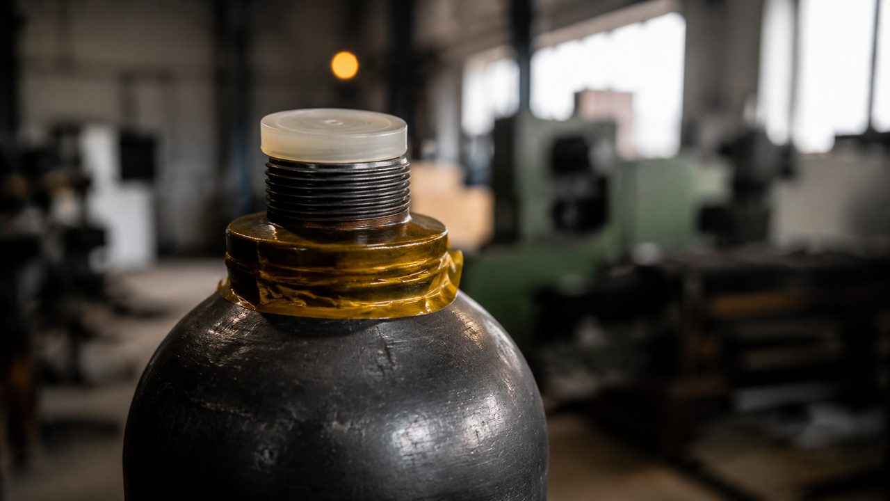 Клеймо на воротнике газового баллона закрыто полиимидным термоскотчем, резьба горловины закрыта силиконовой пробкой